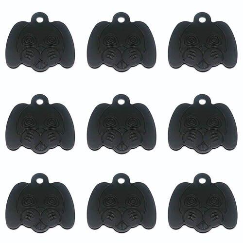 Wholesale pack of 100 personalized dog head pattern pet ID tags in various colors, showcasing their reflective and durable aluminum design.